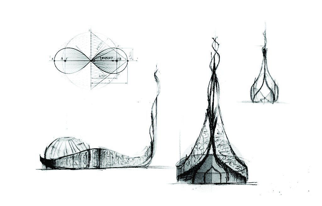 Design concept sketches showing lemniscate geometry and tower forms