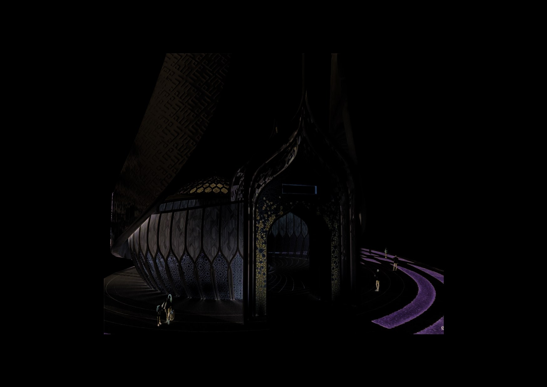 Interior render showing ornate Islamic geometric patterning and structural expression