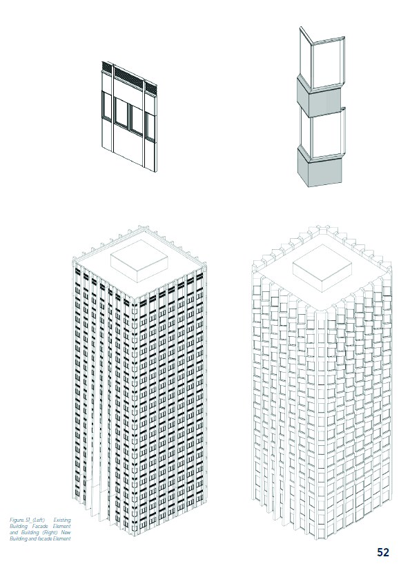 Axonometric comparison: existing flat facade element (left) versus new volumetric parametric bay element (right)