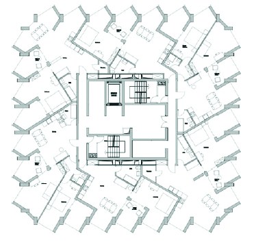 New floor plan with parametric rotated bay elements projecting from the building perimeter