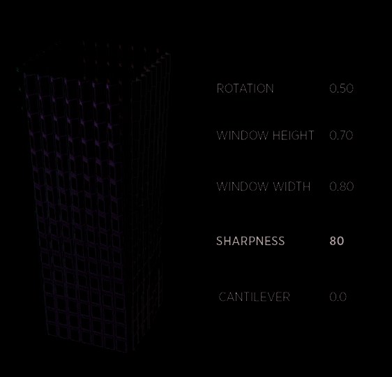 Parametric model with live parameter panel showing rotation, window height, window width, sharpness, cantilever values — dynamic form variation across the full building volume
