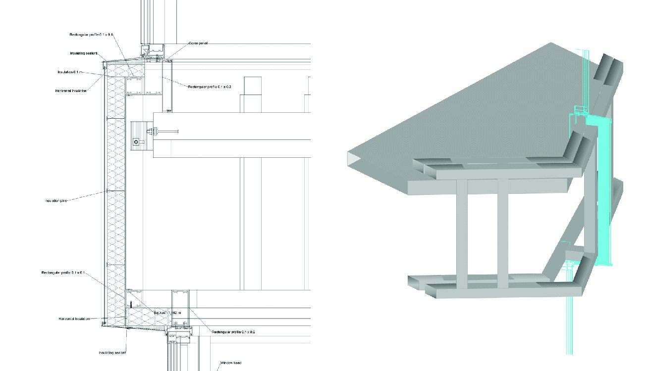 Construction section detail drawing and 3D model of the facade panel connection system