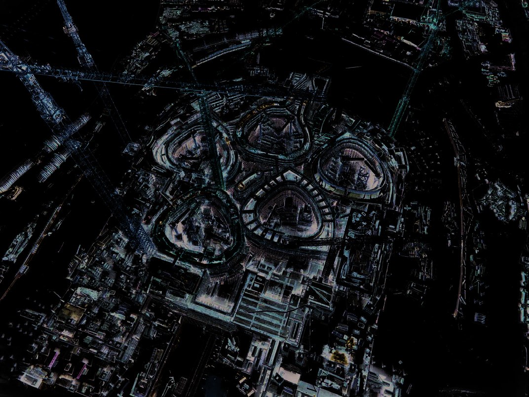 BIM model aerial view in Navisworks showing fractal geometry complexity