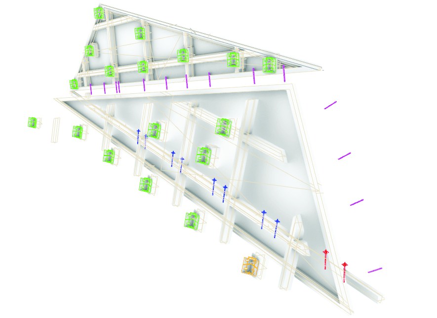 Single fractal panel detail in Revit with structural components and clash markers